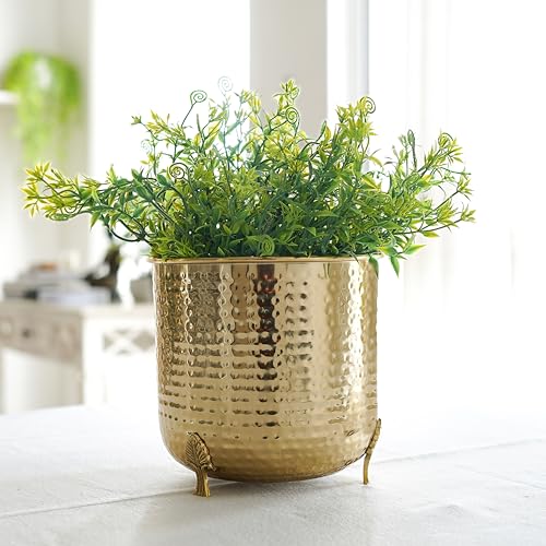 Image of BEHOMA Hammered Gold Metal Planter 7 inch Tabletop Plant Pot | Pot for Indoor Outdoor Balcony Living Room | Table Plant Pot with Leaf Leg for Gifting