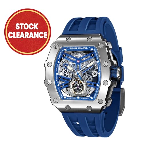 Image of TSAR BOMBA Mens Luxury Watch Automatic Watches for Men 50M Waterproof Japanese Mechanical Movement Tonneau Stainless Steel Case Sapphire Glass Big Face Cool Unique Fashion Gift Men