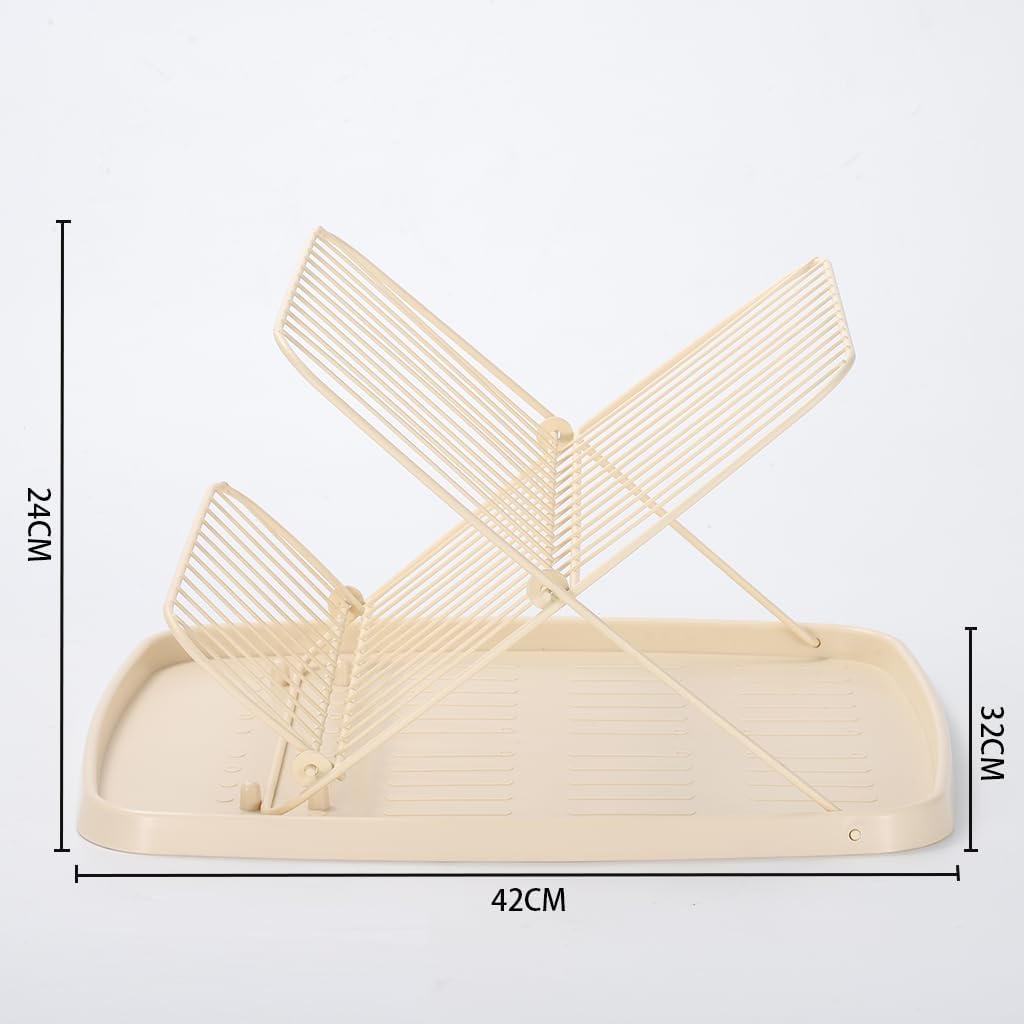 Folding Dish Drying Rack with Drip Tray Collapsible Dish Rack for Kitchen Counter 2 Tier Foldable Dish Drainers for Large Capacity Wire Expandable, Cream