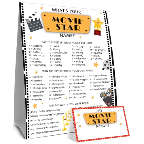 What's Your Movie Stars Name Game Card Set, Movie Stars Games Sign Cards, Hollywood Birthday Party Game Cards, 1 Movie Stars Name Sign, 30 Names Sticker, Funny Birthday Party Decor for Boys Girls