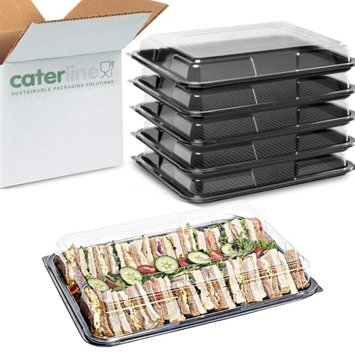 Caterline 5 x Large (450mm x 310mm x 75mm) Black Catering Platters & Clear Lids/Reusable Plastic Serving Trays/eco-Friendly Sandwich Packaging/Party Platters