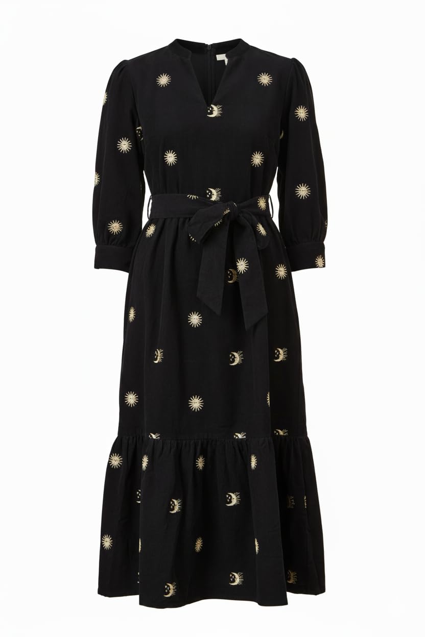 Yumi Women's Black Cosmic Embroidery Cord Midi Shirt Dress - Size 14 Uk