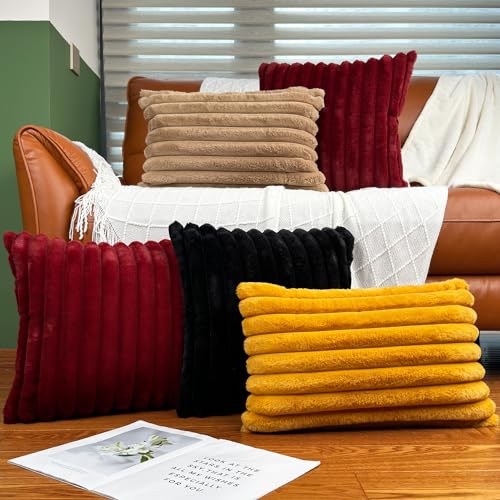 20x20 Throw Pillow Covers Set of 2, Decorative Faux Fur Covers for Bed, Couch Soft Fluffy Pillow Cover with Velvet Back for Living Room, Neutral Home Décor Accent for Sofa - Wine Red