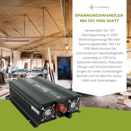 SOLARTRONICS Spannungswandler NM1500 12V 1500 Watt SCHWARZ - 3000 Watt Spitzenleistung - Wechselrichter 12v auf 230v - Blei- oder AGM-Batterie kompatibel - mit Schuko- & USB Anschluss