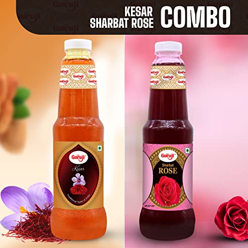 Image of Shree Guruji Kesar Sharbat & Rose Sharbat Combo Pack Milk Beverage Instant Refreshing Syrup Drink for Summer (1 Litre)
