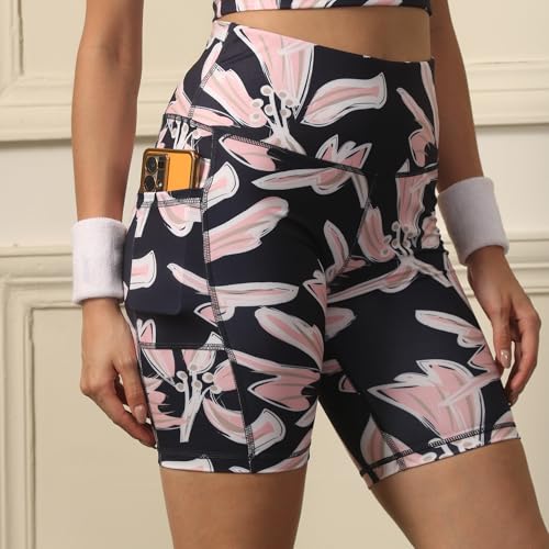Image of SOIE Women Polyester Blend Sports Shorts High Waist Knee Length with Side Pocket Quick Dry Squat Proof Athleisure Shorts for Workout