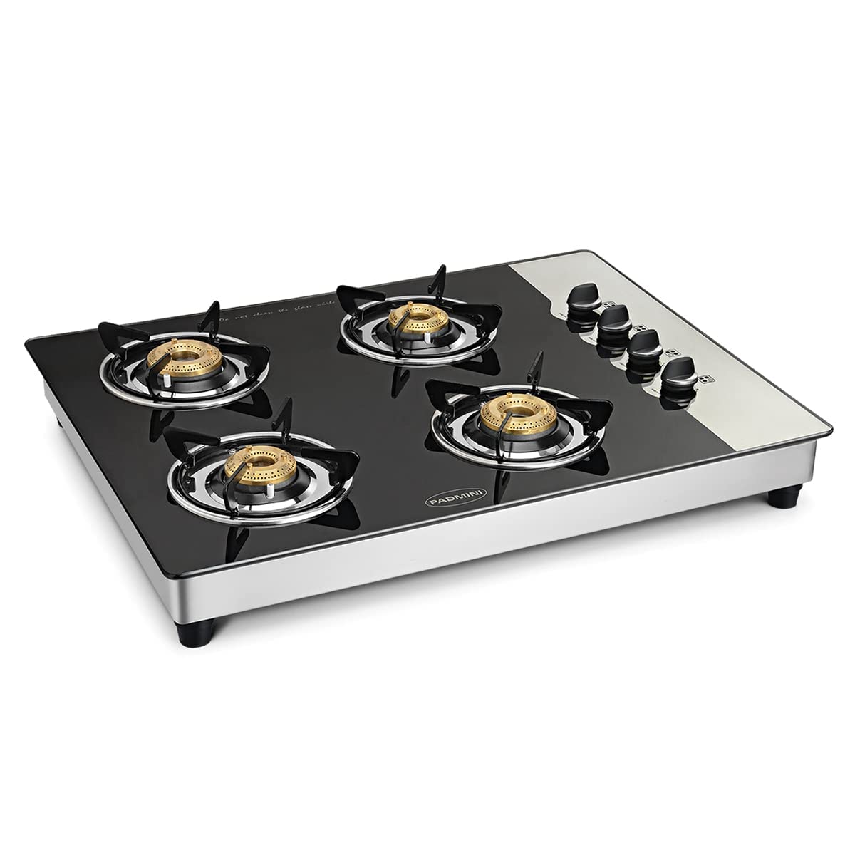 Padmini Glasstop | Cooktop | Hobtop Gas Stove 4 Burner CS 4GT HS Manual Ignition Black ISi Certified (2 Big, 2 Small Forged Brass Burner)