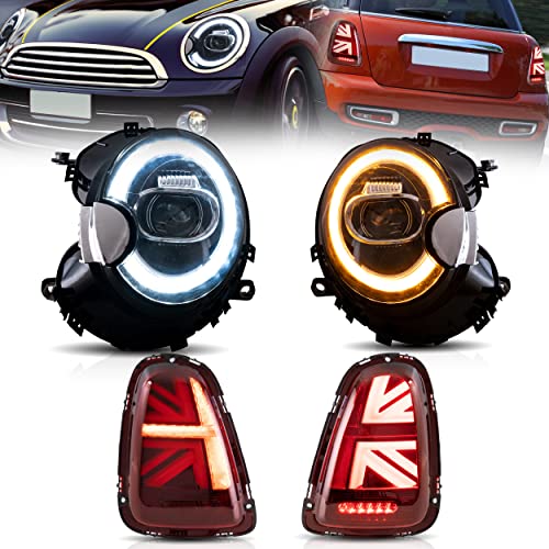 VLAND Headlights Assembly + Red Taillights Fit for 2007-2013 BMW Mini Cooper R55 R56 R57 R58 R59 W/Dynamic Start-up DRL, LED Front & Back lamps with Sequential Indicator Halo, Plug-n-Play