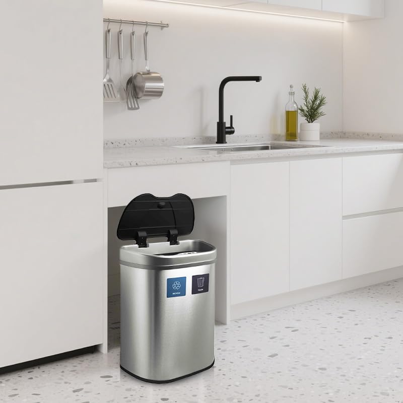 Miniatura 7 de Bote de basura automático con sensor de movimiento infrarrojo sin contacto con doble compartimento, acero inoxidable de 70 L18.5 galones con