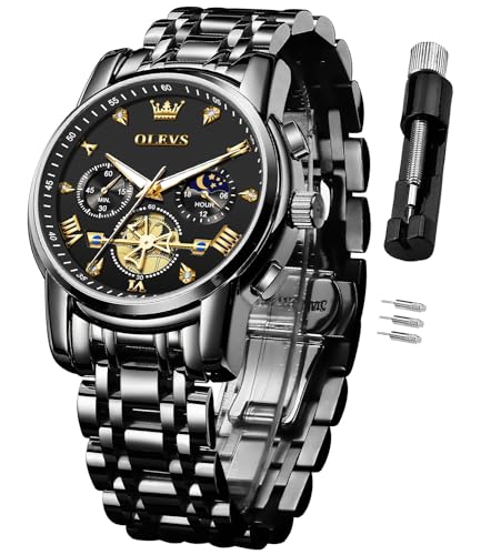 Image of OLEVS Black Watch for Men Stainless Steel Chronograph Big Face Easy to Read Analog Quartz Watches Luxury Waterproof Date Diamond Dial Dress Wrist Watch Reloj De Hombre, HG-US-2856-QH