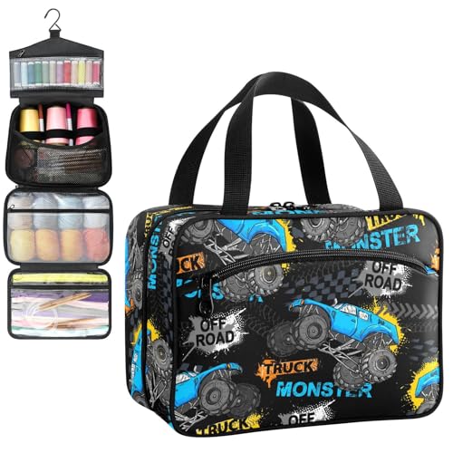 YNNALE Sewing Supply Organizer Bag, Truck Pattern Boy Portable Sewing Bags with Pockets&Hanger, Sewing Storage Box Case for Sew Supplies/Kit/Tools/Accessories (BAG ONLY)