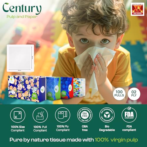 Image of Century 2 Ply 100% Virgin Pulp Soft Facial Tissue Box | Car Tissue - 100 Pulls Per Roll (Pack of 4)