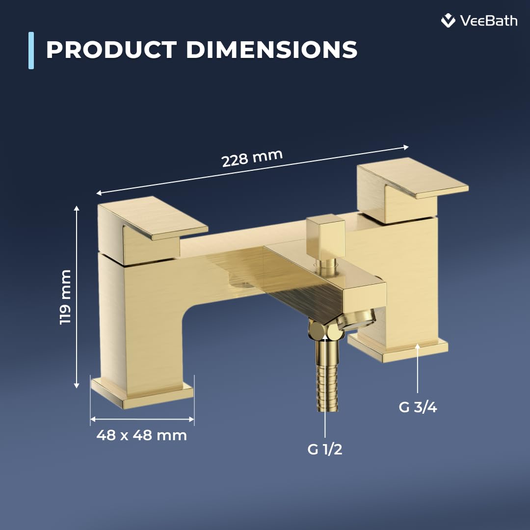 VeeBath Mist Bath Shower Mixer, Brushed Brass Finish with Square Showerhead, Dual Lever Control, G3/4" BSP Inlet - Image 3