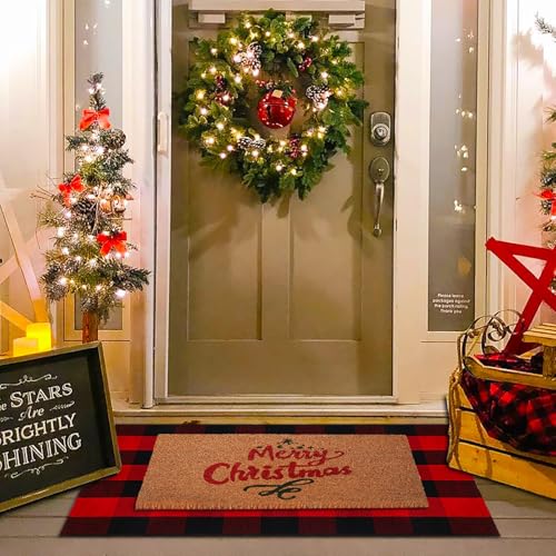 Christmas-Door-Mat-Combo-Set-100-Coco-Coir-Welcome-Mat-28-x-43-Inch-Red-and-Black-Plaid-Rug-New-Year-Holiday-Christmas-Collection-Doormat-for-Front-Porch-Entryway-Decor Christmas Door Mat Combo Set 100 Coco Coir Welcome Mat 28 x 43 Inch Red and Black Plaid Rug New Year Holiday Christmas Collection Doormat for Front Porch Entryway Decor