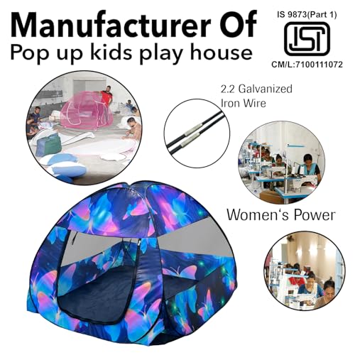 Image of Foldable Play Tent House Big Size for Girl Boys with Butterfly Theme Pop-Up Indoor & Outdoor Playhouse for Girls Boys Multi Purpose Tent with Fun Patterns Easy Setup & Portable (Butterfly-Blue)