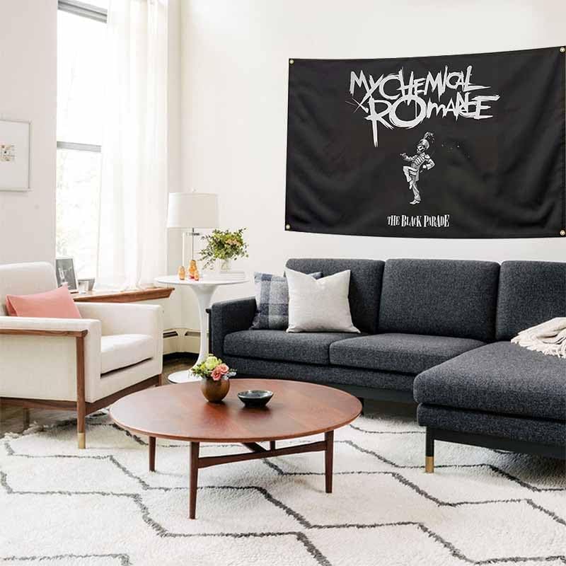 Image of Funny My Chemical Music Flag Romance Black Background With Brass Grommets 100% Polyester Man Cave Bedroom Wall Art Decor