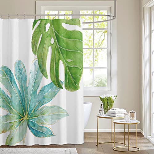Tropical Shower Curtains For Bathroom, Green And White Monstera Plant Shower Curtain Hawaiian Leaf Beach Bath Curtain Polyester Waterproof Fabric Shower Curtain With Hooks, 72"X72" #TOP1