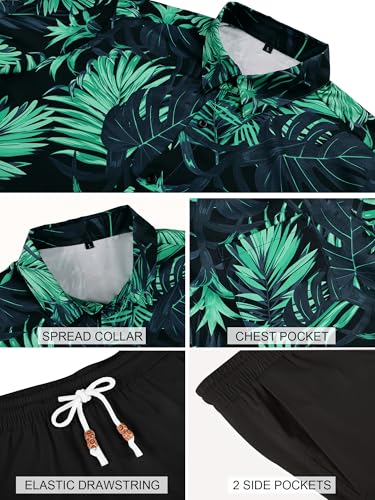 JEMLDL Men's Hawaiian 2 Piece Sets Short Sleeve Shirts Matching Linen Shorts Outfits Summer Beach Casual Clothes Dark Green Palm Leaves S — view 5