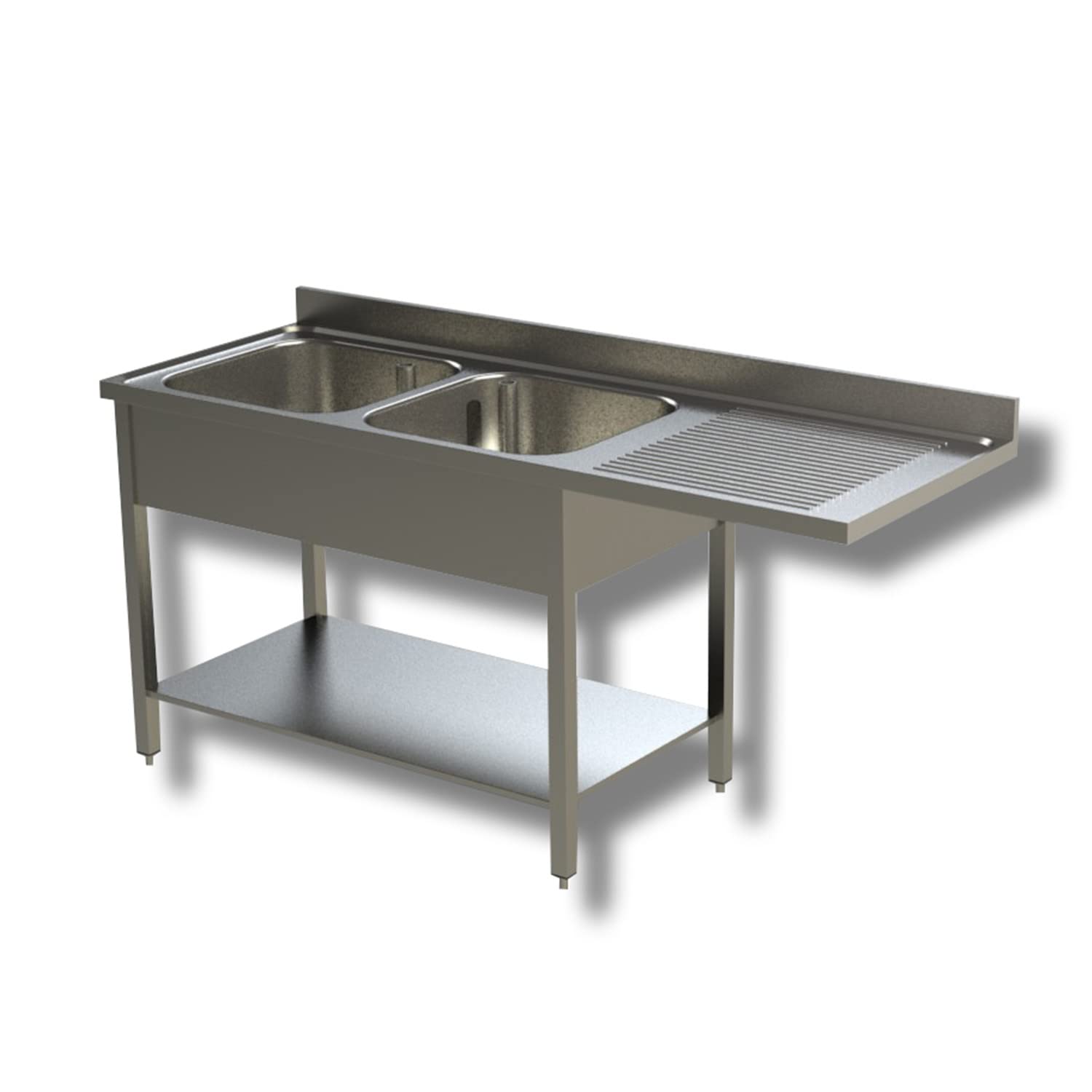 Ristoattrezzature Lavello in Acciaio Inox - Professionale, per Cucine Ristoranti e Pizzerie - 2 Vasche, Gocciolatorio a Sbalzo a Dx - 160x70x85h