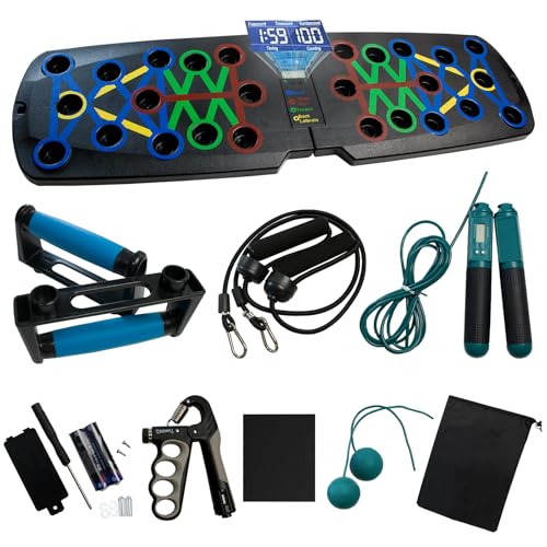 Landvidar solid foldable push up board with automatic intelligent counter, equipped with intelligent counting grip strength tester,intelligent counting dual-use steel wire skipping rope, anti slip soft rubber grip, anti slip pad, auxiliary pull rope and storage bag, professional home exercise equipment, male and female strength training equipment