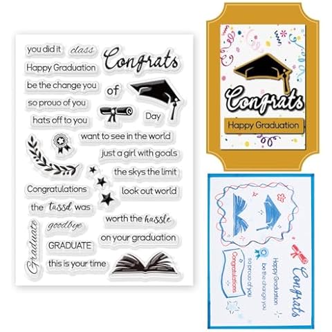 INFUNLY Happy Graduation Clear Stamps for Card Making Grad Congrats Words Clear Stamps Graduat Silicone Stamps Goodbye Rubber Stamps Congrats Text Transparent Stamps for DIY Scrapbooking Album Decor Cover