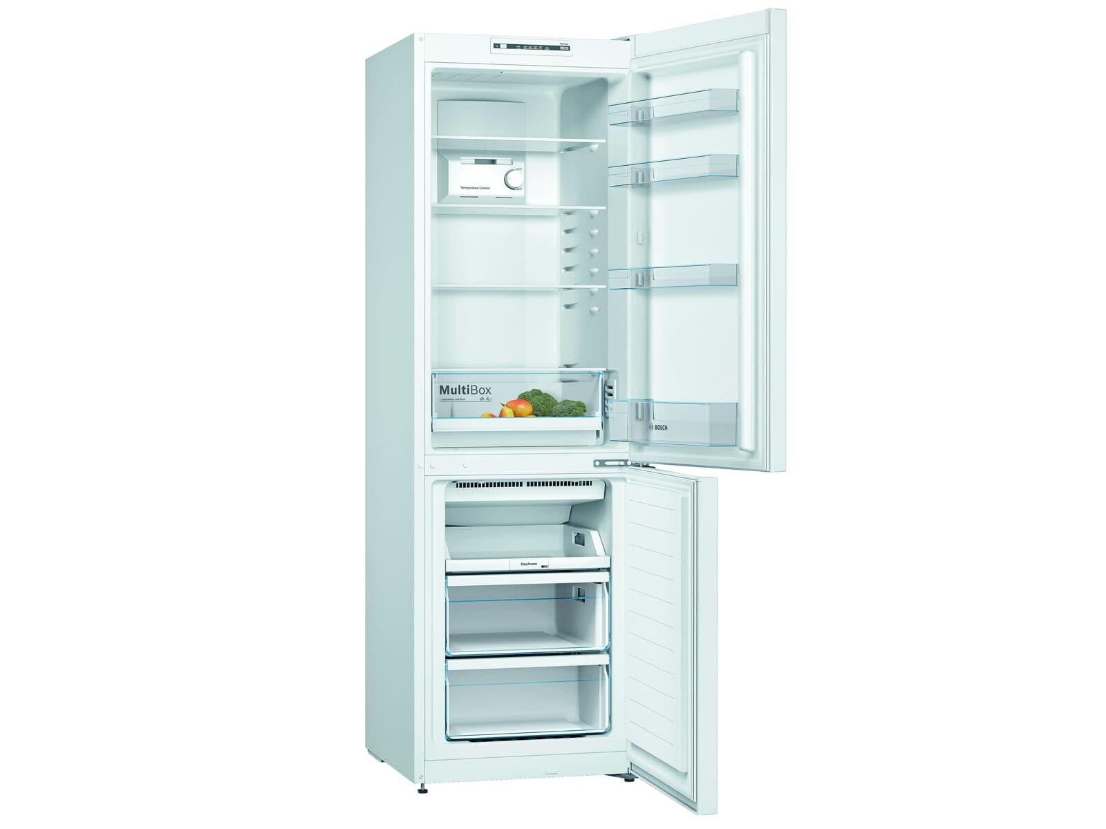 Bosch Serie 2 Freistehende Kühl-Gefrier-Kombination 186 x 60 cm KGN36NWEA | Total NoFrost gegen Eisbildung, MultiBox für frische Lebensmittel, MultiAirflow-System, SoftStart LED-Beleuchtung