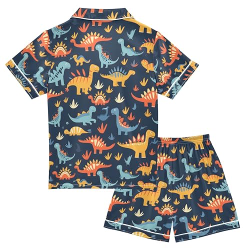 ALAZA Dinosaur on Navy Blue Cartoon Pajamas Satin Pajama Set Short Sleeve Button Down Sleepwear2