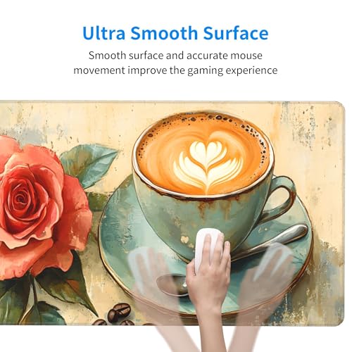 Image of Retro Rose Coffee Extended Gaming Mouse Pad, with Stitched Edges Large Mouse Pad Desk Protector, Rubber Base Mousepad Keyboard Mouses Mat for Work Game Office Home- 32 inch X 12 inch Inch,E843