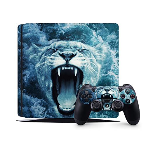 PS4 Pro Skin for Console and Controllers by ZOOMHITSKINS, Same Decal Quality for Cars, Tiger Beast Blue Mist Fog Cloud Night White Animal, High Quality, Durable, Bubble-free, Goo-free, Made in USA