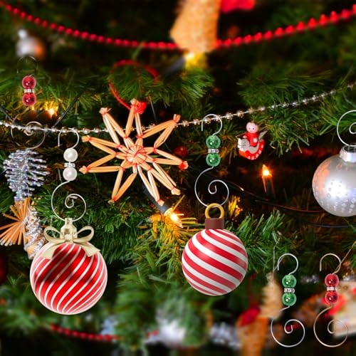 30 PCS Christmas Ornament Hooks,Silver & Gold Christmas Tree Wire Hangers S-Shaped Hangers Hook with 2 Round Beads for Crafts Christmas Tree Home Decoration (A)