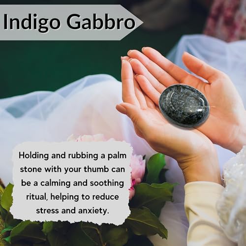 Image of Amazing Gemstone Indigo Gabbro Jasper Palm Stone - Hot Massage Worry Stone for Natural Body Chakra Balancing, Reiki Healing and Crystal Grid