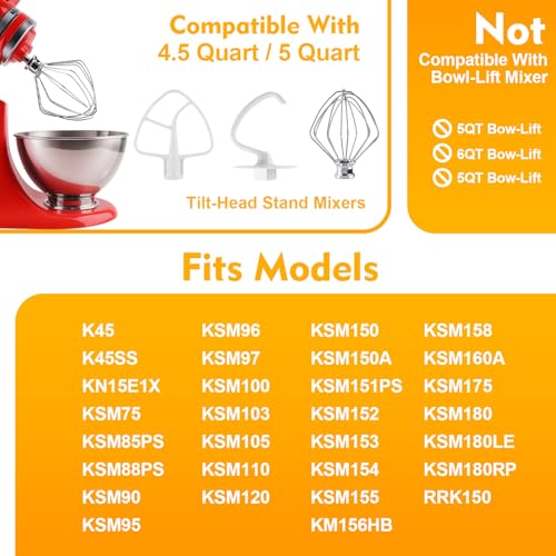3-Piece Kit Attachments for KitchenAid Tilt-Head Stand Mixer, Accessories Stainless Steel K45WW Wire Whip, K45DH Dough Hook and K45B Coated Flat Blade Paddle with Scraper