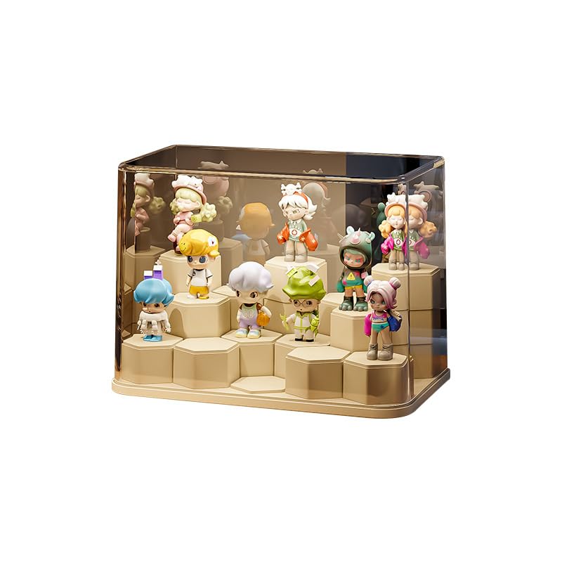 DIY Stackable Transparent Display Case for Figures Dustproof Acrylic Display Boxes with 24 Movable Hexagonal Blocks Large Capacity for Pop Mart Lego Collectibles (Cream)
