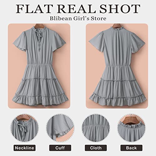 Blibean Girl Summer Boho Dress Tween Kid Short Sleeve Outfit Maxi Dresses Aline Ruffle Clothing Solid Bohemian Swing Clothes Size 4-5 Years Small Gray #TOP4
