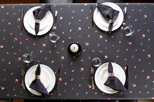 Image of Embroidered Cotton Tablecloth, Twilight Buds, 60 x 90 in | Premium heavyweight chambray cotton, all-over embroidery, 6-seater rectangle, machine washable, elegant dining and hosting