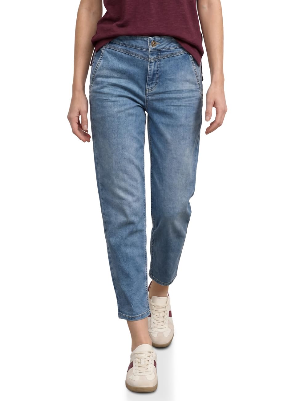 Street One High Waist Barrel Leg Jeans in Loose Fit Medium Blue Random Wash 32