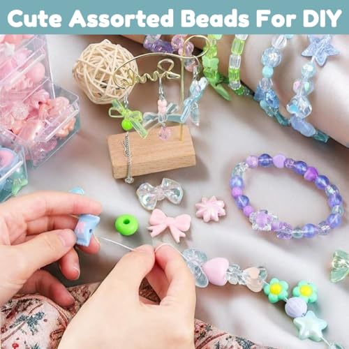 Image of SANNIDHI Charm Beads for Bracelet Making Kit with Charms,Assorted Spacer Beads Jewellery for Making,Color Bow Flower Butterfly Star Heart Cute Bead Women Girls DIY Phone Charm Crafts (1 Pack)