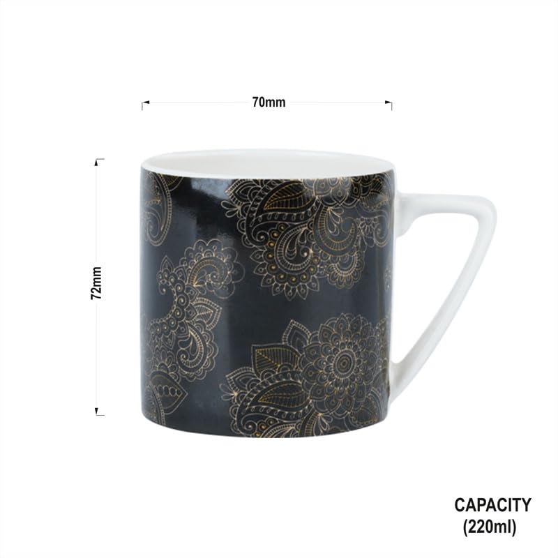 Image of Dandy Lines Puja Gold Alpana on Black, Ceramic Coffee Mug Set, Pack of 6, Microwave & Dishwasher Safe, Great for Home Use & Gifting