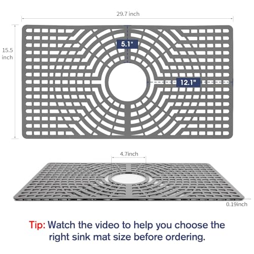 Snuggery Silicone Sink Protector 30"x16" Center Drain Hole, Heat Resistant Non-slip Dishwasher Suitable, Large Sink Mat for Bottom of Farmhouse Kitchen Stainless Steel Sinks (Grey)