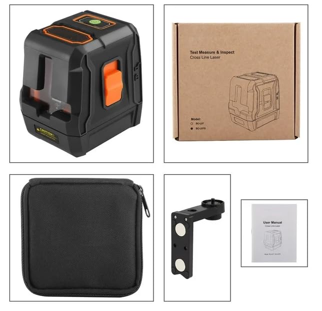Contents of the SC-L07 Laser Level package including the device, case, magnetic bracket, and manual