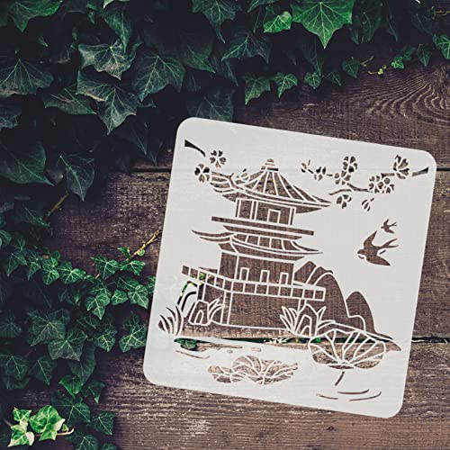 FINGERINSPIRE Oriental Pagoda Stencil 30x30cm Ancient Tower Cutout Drawing Templates Architecture Cherry Blossoms Swallow Lotus Leaf Hills Branch Painting Stencil for Home Decoration - Image 3