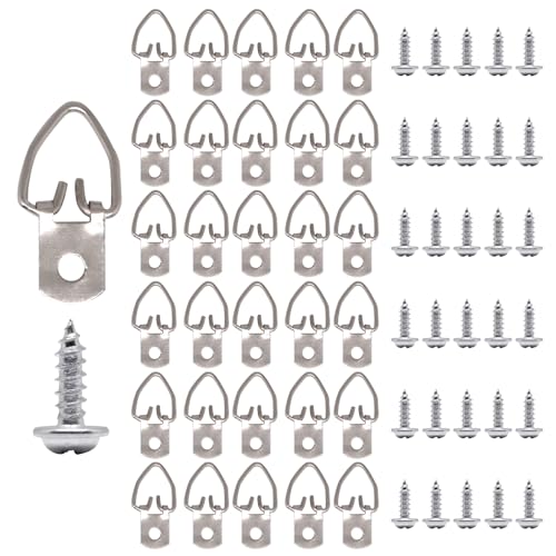 Image of D Ring Picture Hangers, Single Hole with Screws, D Rings Heavy Duty, Picture Hang Solutions for Mirror, Clock, Decoration, Paintings, Artwork Pictures Frame, 30 PCS