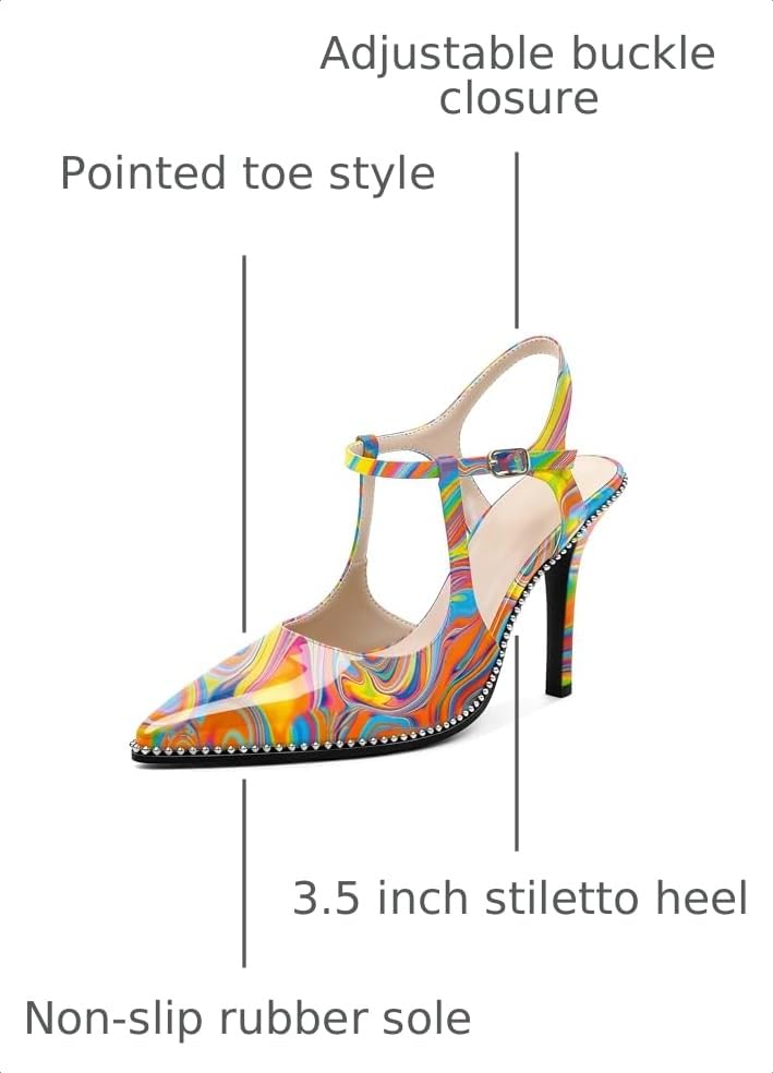 Image of SAMMITOP Womens High Heels Ankle Strap Pointed Toe Stilettos Patent Leather Beaded Pumps Dress Shoes 3.5 Inch