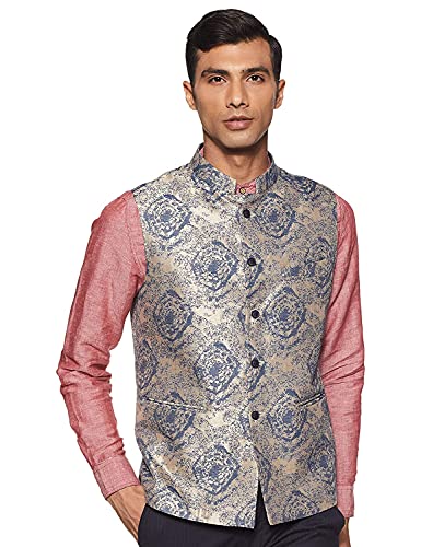 Image of MANQ Men Fawn Woven Jaquard Silk Nehru Jacket