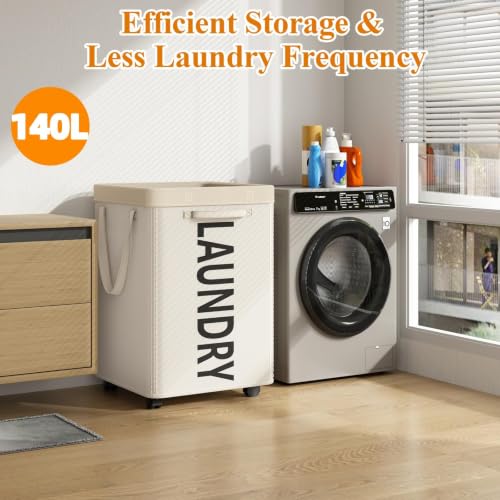 Image of Optish 140L Laundry Hamper with Wheels, Rolling Laundry Basket with Removable Mesh Bag, Extra Large Clothes Hamper on Wheel for Bedroom, Bathroom, Dorm Room Essentials, White