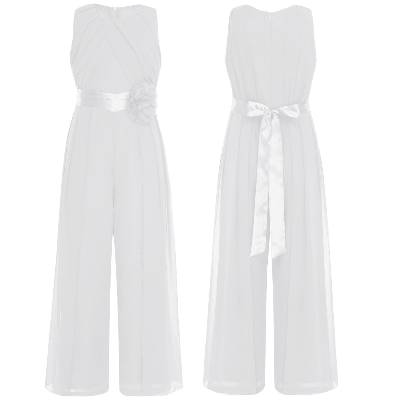 ranrann Tuta da Festa per Bambina in Chiffon Jumpsuit Senza Maniche con Fiori e Cintura Abito Elegante in Tinta Unita per Matrimonio Cerimonia Banchetto Party
