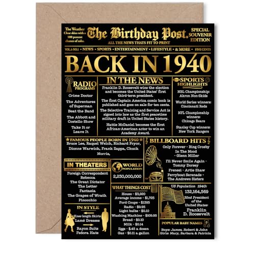 Stuff4 Gold 86th Birthday Card for Men Women - Black & Golden Newspaper Back in 1940 - Happy 86 Birthday Cards for Mom Grandma Wife Husband Dad Nan, 5x7 Inch Bday Greeting Cards