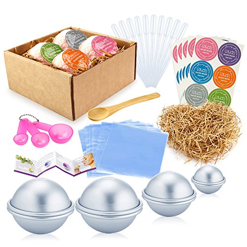 Caydo 78 Pieces DIY Soap Bath Bomb Mold Set with Instructions, 3 Size DIY Metal Bath Bomb Molds, Eyedropper Tools, Gauge Spoon Set, Shrink Wrap Bags, Hand Made Stickers for Crafting Your Own Fizzies