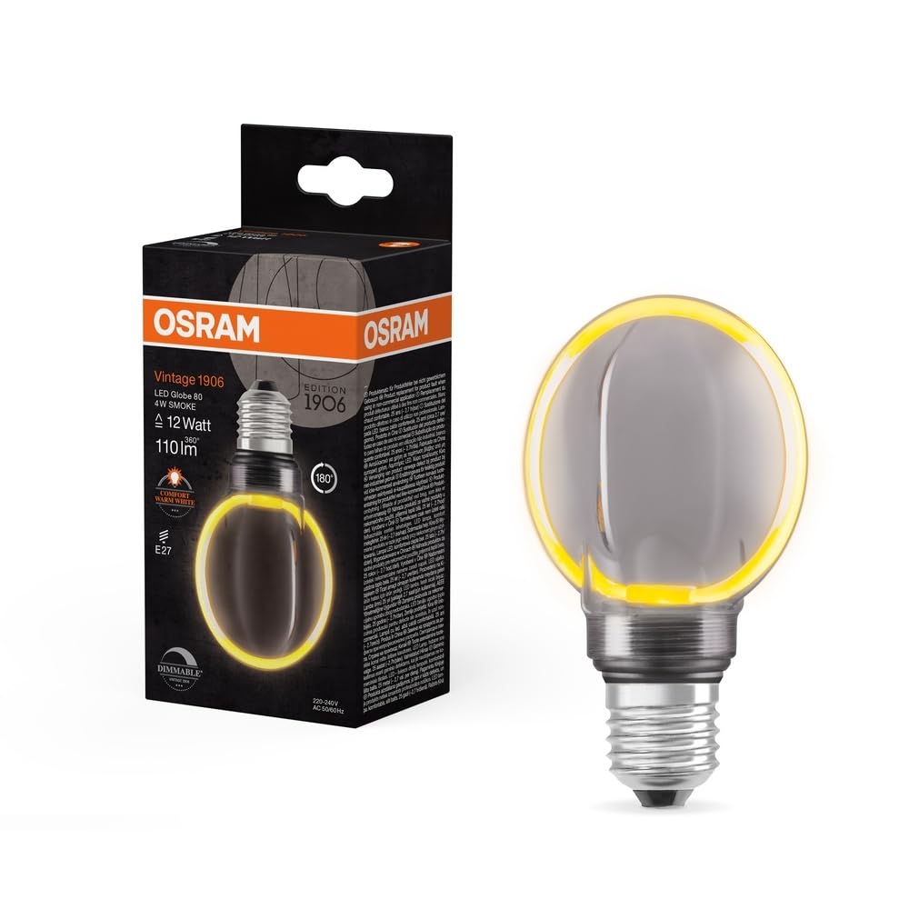 Osram Vintage 1906 Globe 80 Filament O Lamp, 4W, 110lm, 1800K, 818 Pleasant Warm White, Smoke, IP 20, Lead-Free Glass, 80mm, E27 Socket
