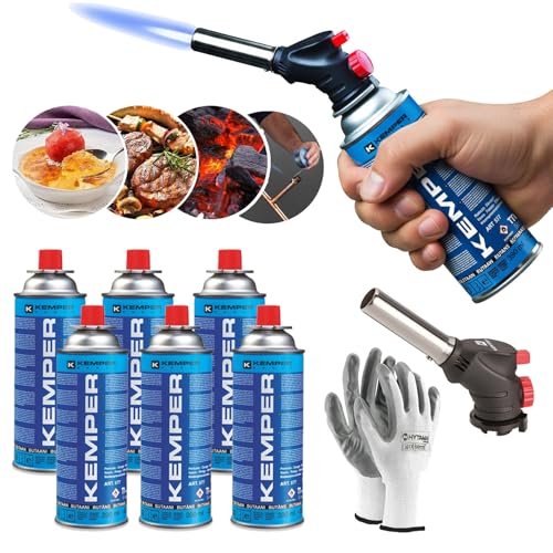 Kemper - Torcia Cannello a gas, Scottatore da Cucina, Caramellatore + Ricarica di Gas Butano da 227 g, multifunzione + Guanti Omaggio (6 BUTANO + CANNELLO)